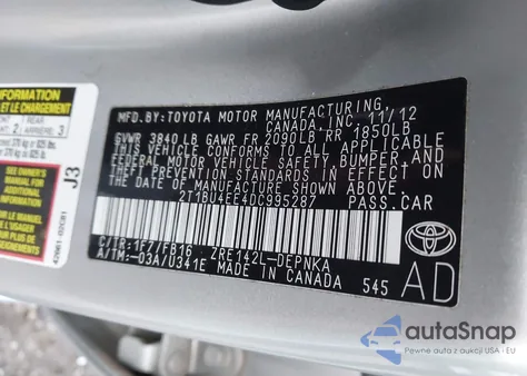 2013 Toyota Corolla Le from USA, damaged, VIN 2T1BU4EE4DC995287